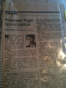 Photograph of a 1985 Seattle Times editorial calling for the creation of a Puget Sound Institute "to serve as a focal point for research." 