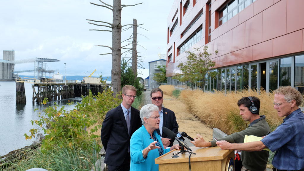 EPA Administrator Gina McCarthy gives a press conference outside the Center for Urban Waters in Tacoma, WA. U.S. Representatives Derek Kilmer (WA 6th District) and Denny Heck (WA 10th District) also spoke.