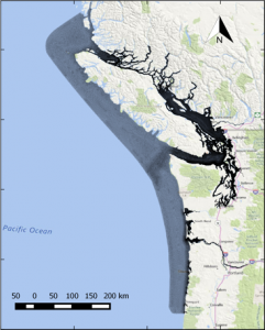 A map image showing the range of the Salish Sea Model. Photo courtesy of Pacific Northwest National Laboratory.