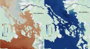An image of brackish water mixing in the Salish Sea as shown by the Salish Sea Model. Image courtesy of the Salish Sea Modeling Center.