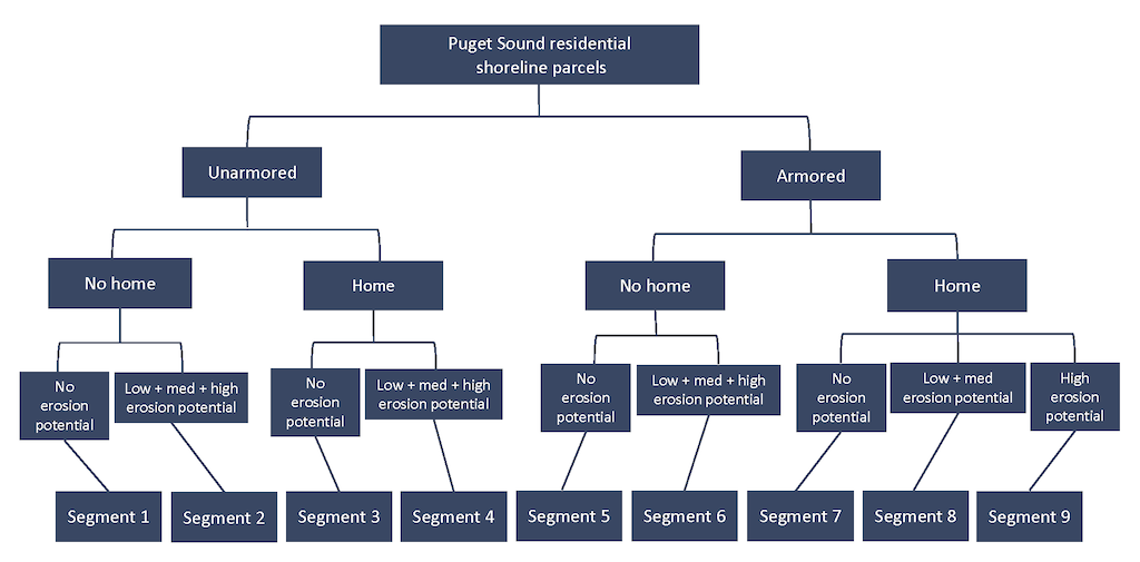 Hierarchical chart showing audience segmentation starting from Puget Sound residential shoreline parcels at the top, then divided by armored and unarmored, then by no home or home, and then by erosion potential resulting in nine audience segments on the bottom level. 