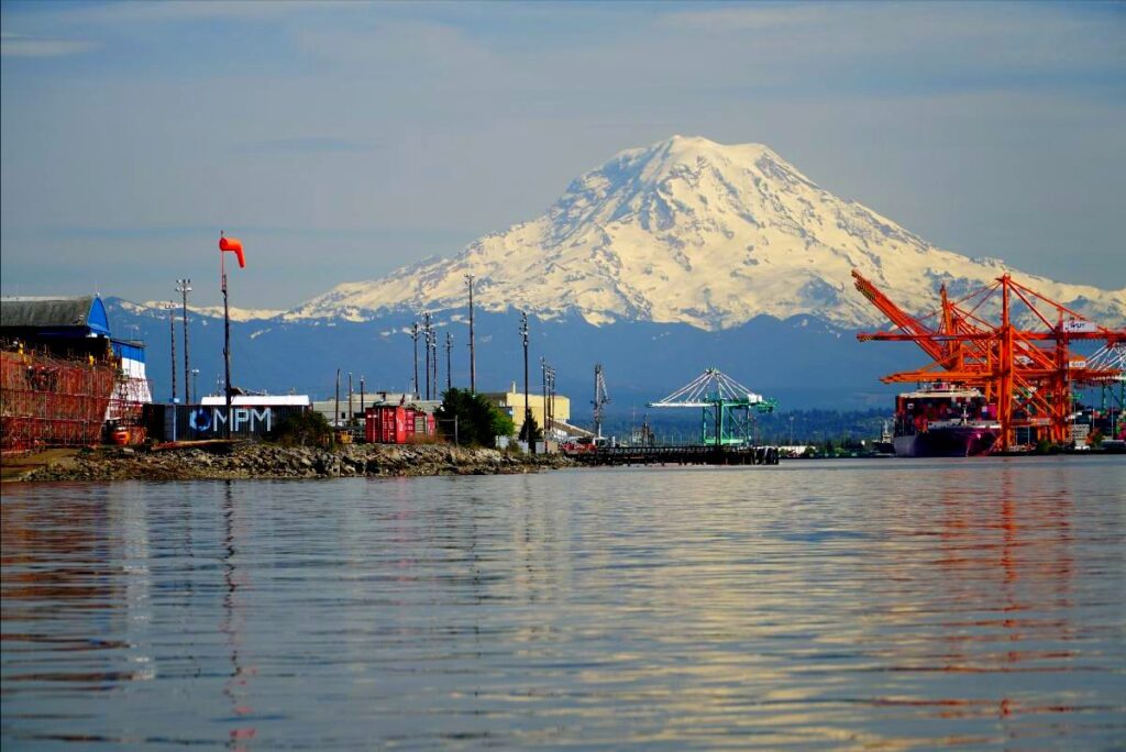 A water-level view of Mount Rainier from Tacoma's Commencement Bay