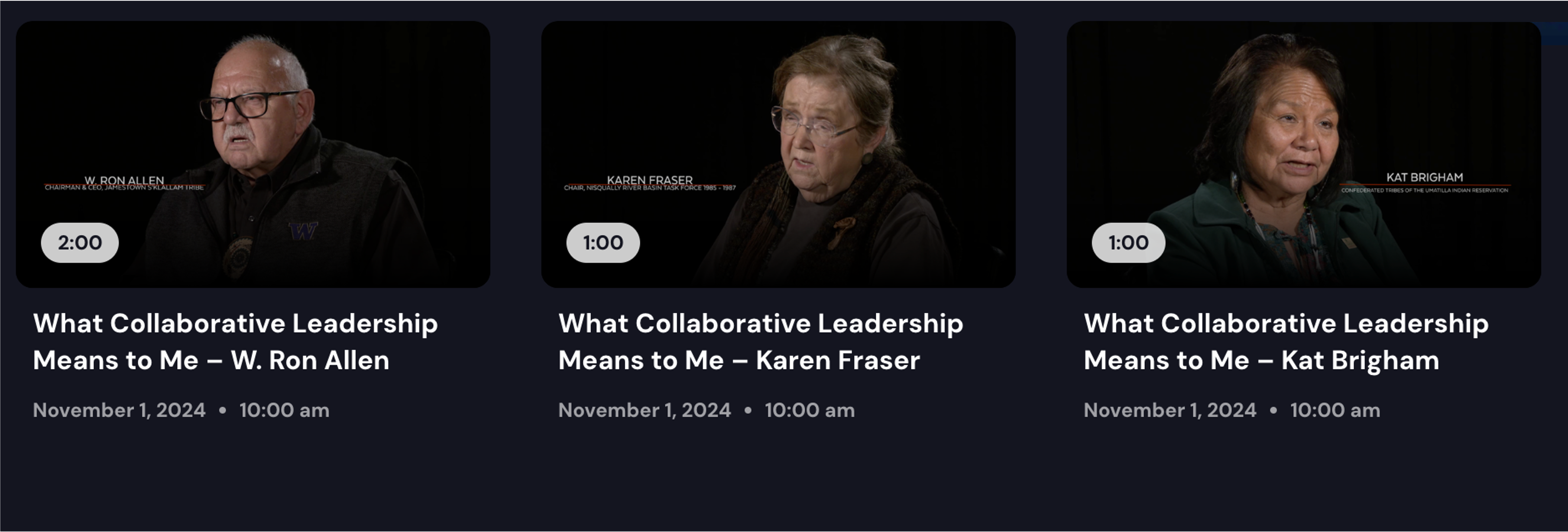 Three video thumbnails showing interviews titled 'What Collaborative Leadership Means to Me' featuring W. Ron Allen, Karen Fraser, and Kat Brigham, all dated November 1, 2024.