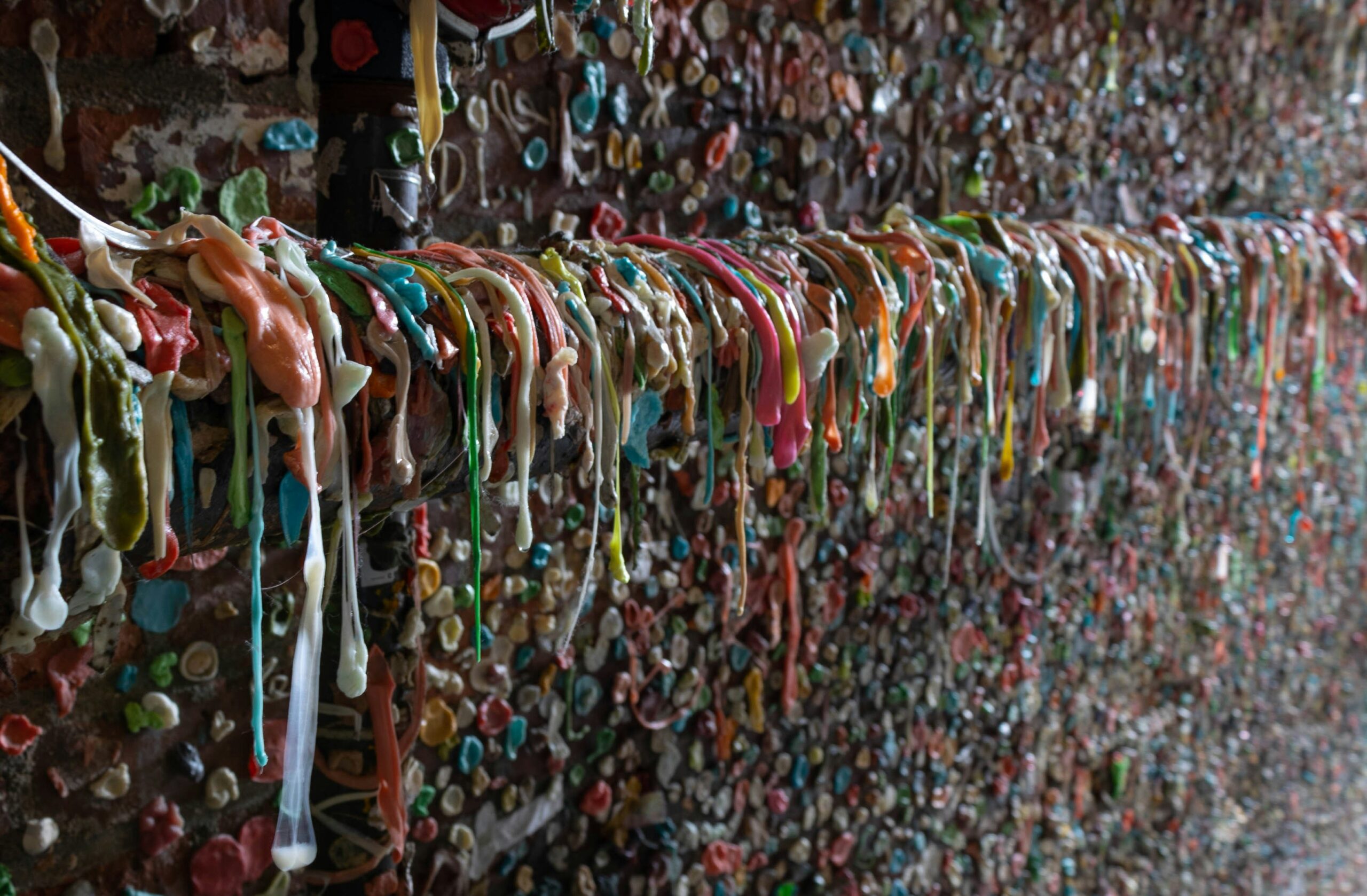 Chewed gum attached to a wall and a pipe at the Seattle Gum Wall.