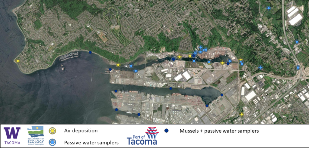 Map showing the air deposition, passive water sample, and mussel + passive water sample locations. Email Marielle (marlars@uw.edu) for an Excel with latitude and longitude.