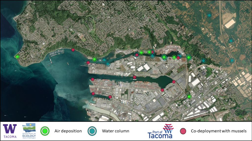 Map showing the sample sites for the water column, air deposition, and co-deployment with mussels. Email Marielle (marlars@uw.edu) for an excel with the detailed latitude and longitude.