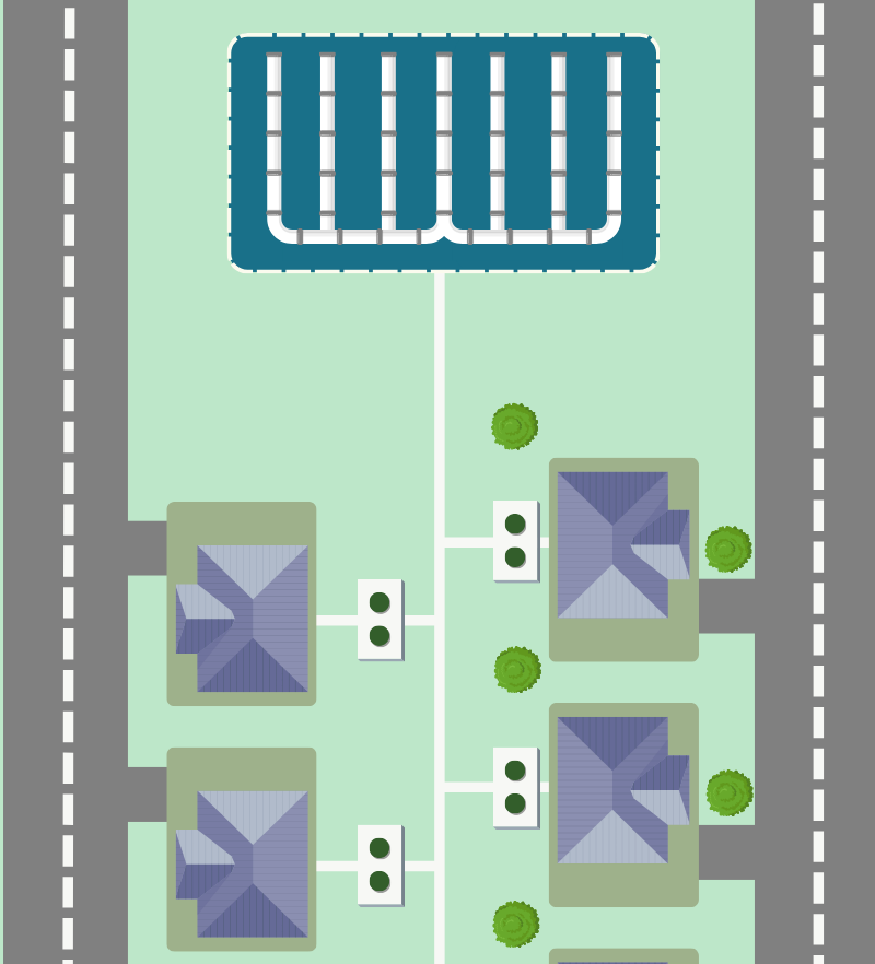 Illustration of a community drainfield showing a few houses each connected to a septic tank. The tanks then lead to a communal drainfield where wastewater is dispersed underground. 