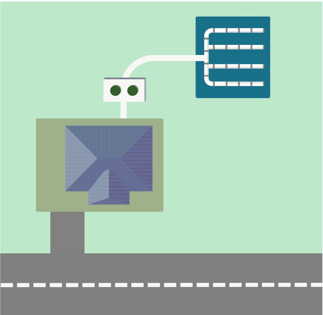 Illustration of an onsite sewage system showing house connected to septic tank, when then leads to a drainfield where wastewater is dispersed underground. 
