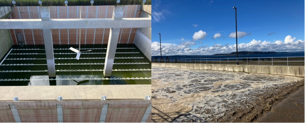 Photo of an empty aeration basin with mixer visible next to photo of full aeration basin in operation.