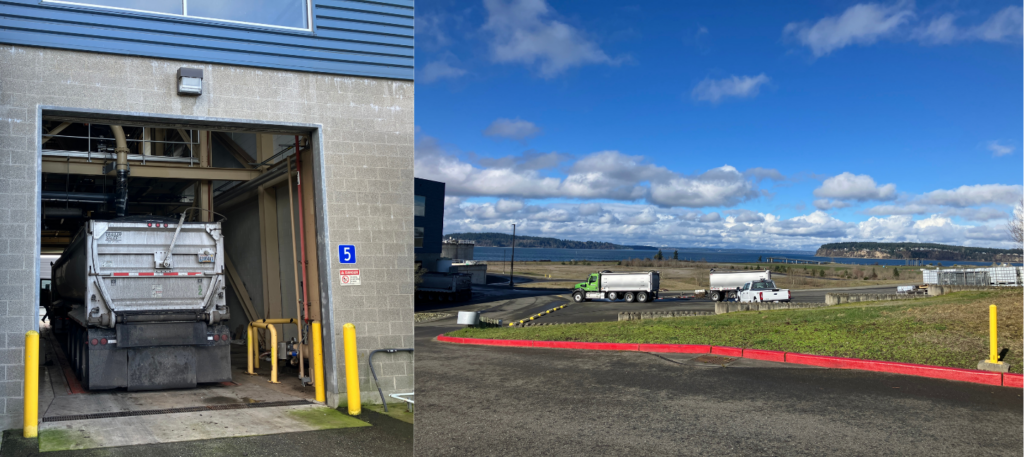 Truck being loaded with biosolids and another truck waiting to load before departing Chambers Creek WWTP for land application.