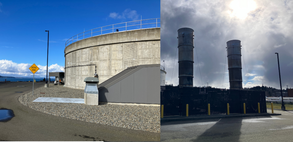 Photo of a large concrete anaerobic digester tank next to a photo of methane exhaust stacks.